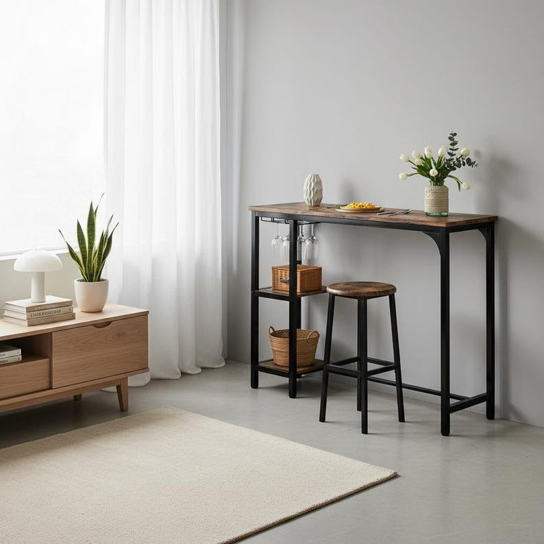 Industrial Bar Table Set with Stools Rustic Wood Finish Metal Frame Storage