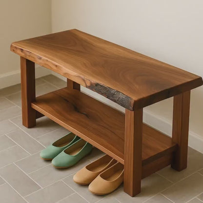 Live Edge Sheesham Wood Entryway Bench with Shoe Storage – Handmade Solid Wood Hallway Seating with Lower Shelf, Rustic Modern Furniture