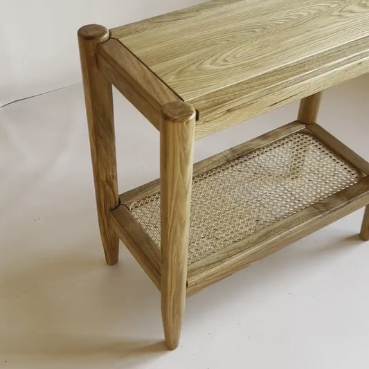 End Table with Rattan Shelf Minimalist Wooden Side Table for Bathroom